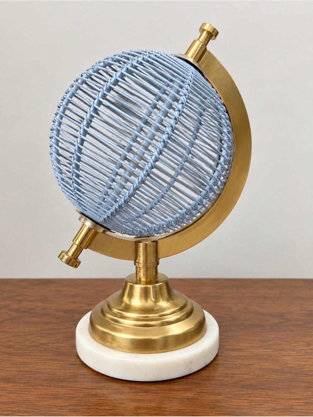 Brass Globe Accent with Light Blue Woven Wire Sphere